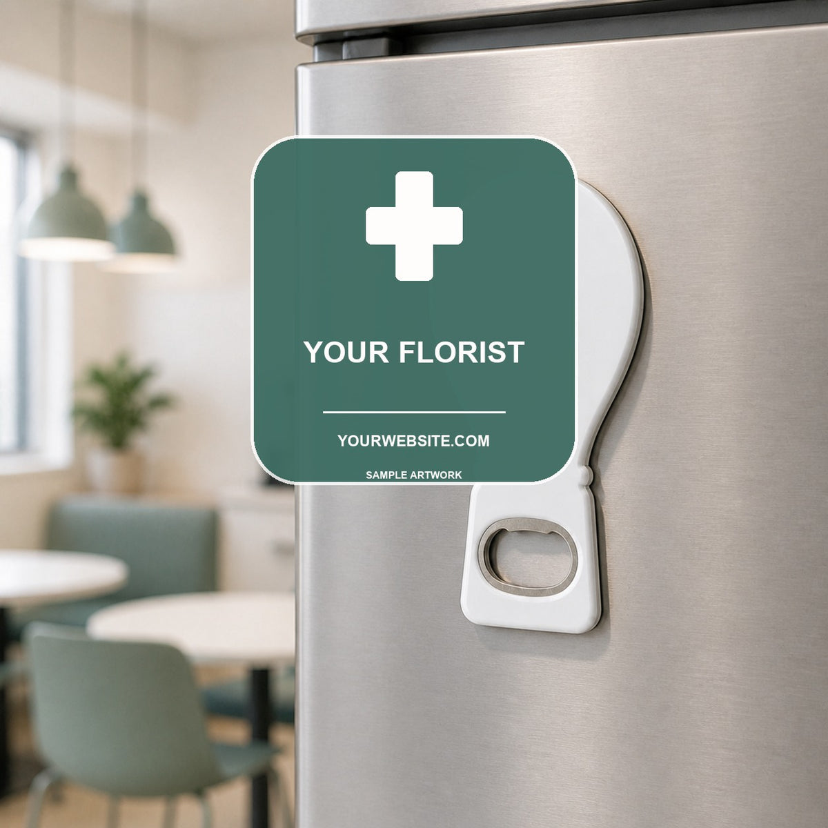 Florist Logo Bottle Opener Magnets — lifestyle product mockup