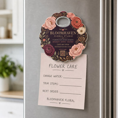 Florist Logo custom logo bottle opener magnet - held on a refrigerator door by its magnetic back