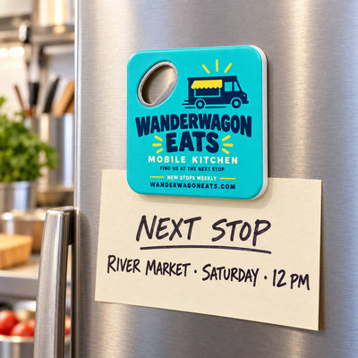 Food Truck Promotional custom logo bottle opener magnet - held on a refrigerator door by its magnetic back
