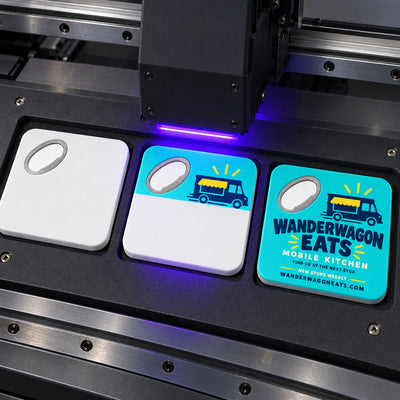 Food Truck Promotional custom logo bottle opener magnet - close-up of the UV printed logo