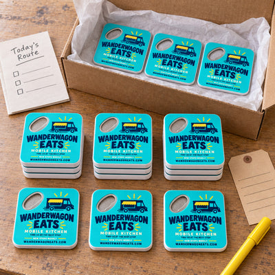 Food Truck Promotional custom logo bottle opener magnet - bulk order laid out before packing