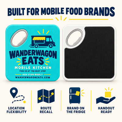 Food Truck Promotional custom logo bottle opener magnet - front and back of the opener magnet