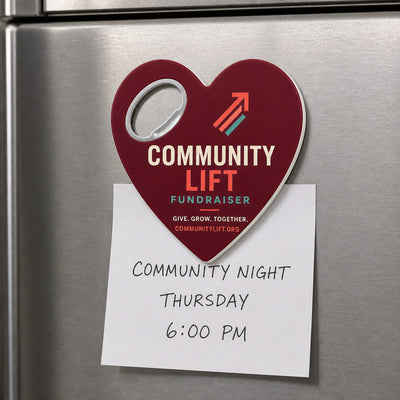 Fundraiser Bottle Opener Magnet Giveaways custom logo bottle opener magnet - held on a refrigerator door by its magnetic back