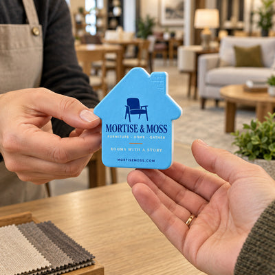 Furniture Store custom logo bottle opener magnet - handed to a customer