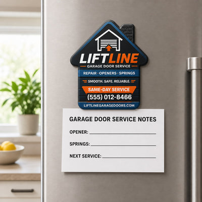 Garage Door custom logo bottle opener magnet - held on a refrigerator door by its magnetic back