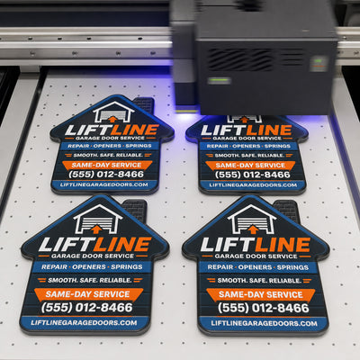 Garage Door custom logo bottle opener magnet - close-up of the UV printed logo