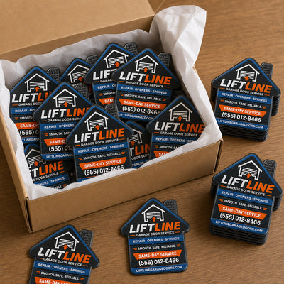 Garage Door custom logo bottle opener magnet - bulk order laid out before packing