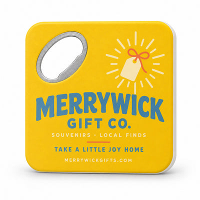 Gift Shop custom logo bottle opener magnet - front view of the printed promotional magnet