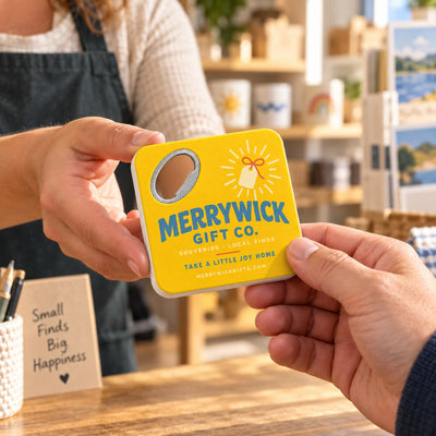 Gift Shop custom logo bottle opener magnet - handed to a customer