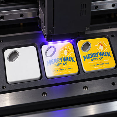Gift Shop custom logo bottle opener magnet - close-up of the UV printed logo