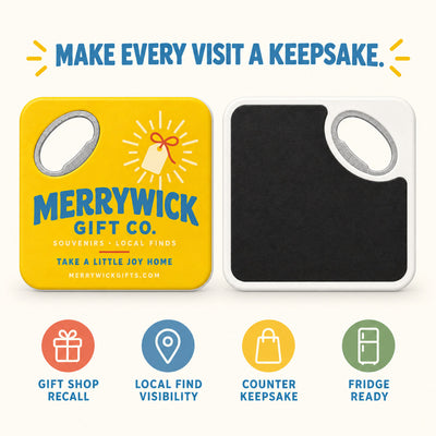 Gift Shop custom logo bottle opener magnet - front and back of the opener magnet