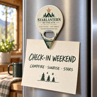 Glamping Resort custom logo bottle opener magnet - held on a refrigerator door by its magnetic back