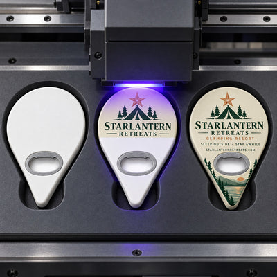 Glamping Resort custom logo bottle opener magnet - close-up of the UV printed logo