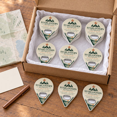 Glamping Resort custom logo bottle opener magnet - bulk order laid out before packing