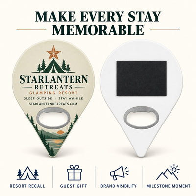 Glamping Resort custom logo bottle opener magnet - front and back of the opener magnet