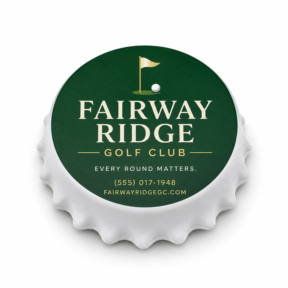Golf Club custom logo bottle opener magnet - front view of the printed promotional magnet