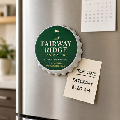 Golf Club custom logo bottle opener magnet - held on a refrigerator door by its magnetic back