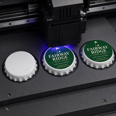 Golf Club custom logo bottle opener magnet - close-up of the UV printed logo
