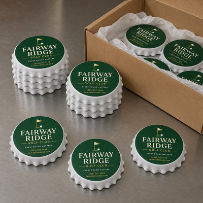 Golf Club custom logo bottle opener magnet - bulk order laid out before packing