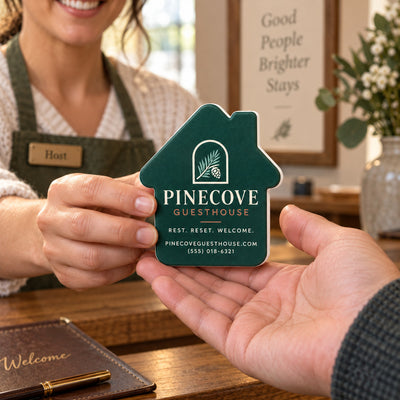 Guesthouse custom logo bottle opener magnet - handed to a customer