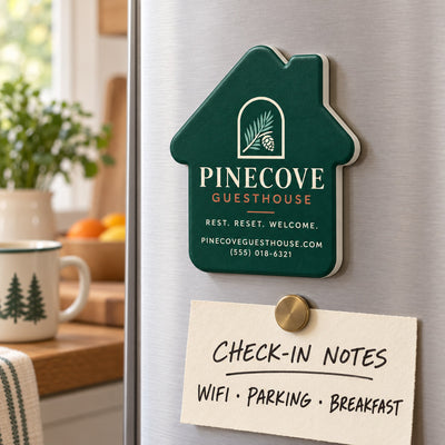 Guesthouse custom logo bottle opener magnet - held on a refrigerator door by its magnetic back