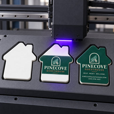 Guesthouse custom logo bottle opener magnet - close-up of the UV printed logo