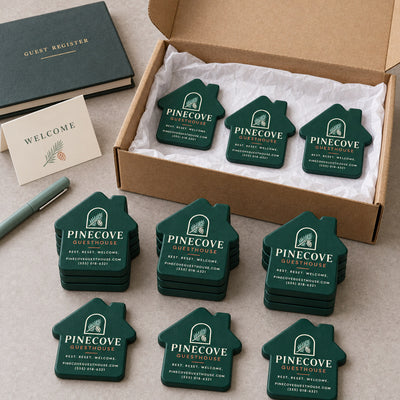 Guesthouse custom logo bottle opener magnet - bulk order laid out before packing