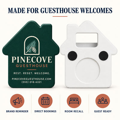Guesthouse custom logo bottle opener magnet - front and back of the opener magnet