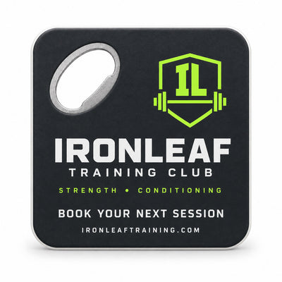 Gym Logo custom logo bottle opener magnet - front view of the printed promotional magnet