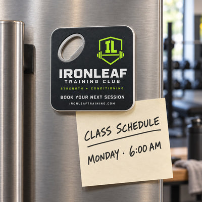 Gym Logo custom logo bottle opener magnet - held on a refrigerator door by its magnetic back