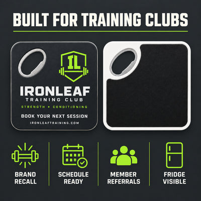 Gym Logo custom logo bottle opener magnet - front and back of the opener magnet
