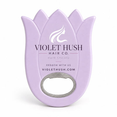 Hair Salon Promotional custom logo bottle opener magnet - front view of the printed promotional magnet