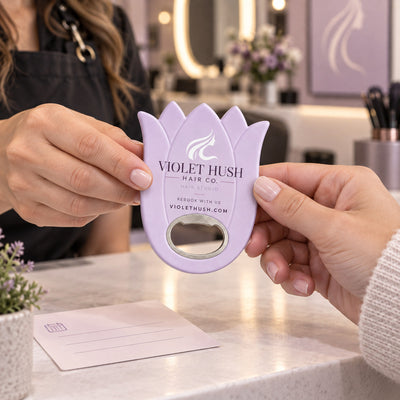 Hair Salon Promotional custom logo bottle opener magnet - handed to a customer
