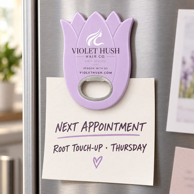 Hair Salon Promotional custom logo bottle opener magnet - held on a refrigerator door by its magnetic back