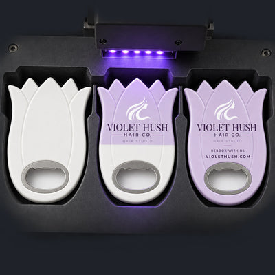 Hair Salon Promotional custom logo bottle opener magnet - close-up of the UV printed logo