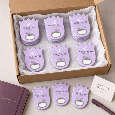 Hair Salon Promotional custom logo bottle opener magnet - bulk order laid out before packing