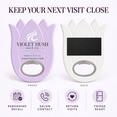 Hair Salon Promotional custom logo bottle opener magnet - front and back of the opener magnet
