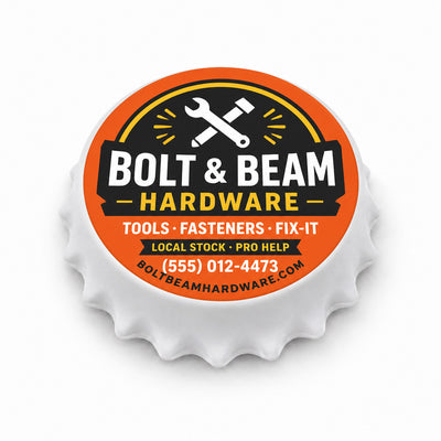 Hardware Store custom logo bottle opener magnet - front view of the printed promotional magnet
