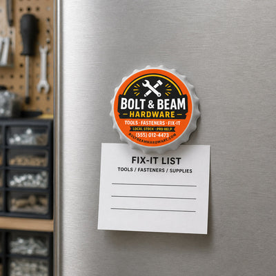 Hardware Store custom logo bottle opener magnet - held on a refrigerator door by its magnetic back