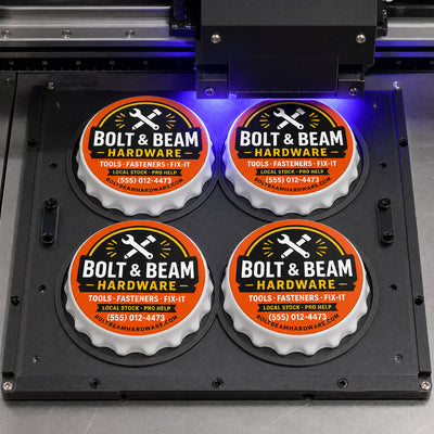 Hardware Store custom logo bottle opener magnet - close-up of the UV printed logo