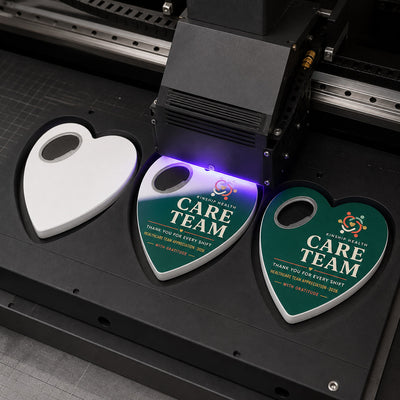 Healthcare Team Appreciation custom logo bottle opener magnet - close-up of the UV printed logo