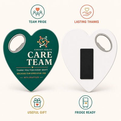 Healthcare Team Appreciation custom logo bottle opener magnet - front and back of the opener magnet