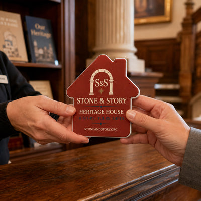 Heritage Site Gift Shop custom logo bottle opener magnet - handed to a customer