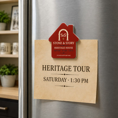 Heritage Site Gift Shop custom logo bottle opener magnet - held on a refrigerator door by its magnetic back