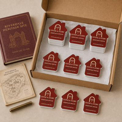 Heritage Site Gift Shop custom logo bottle opener magnet - bulk order laid out before packing