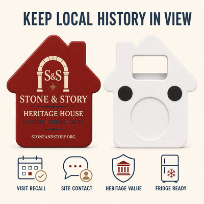 Heritage Site Gift Shop custom logo bottle opener magnet - front and back of the opener magnet