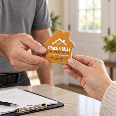 Home Inspector custom logo bottle opener magnet - handed to a customer