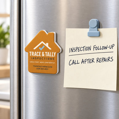 Home Inspector custom logo bottle opener magnet - held on a refrigerator door by its magnetic back