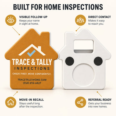 Home Inspector custom logo bottle opener magnet - front and back of the opener magnet