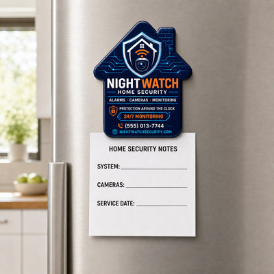 Home Security custom logo bottle opener magnet - held on a refrigerator door by its magnetic back